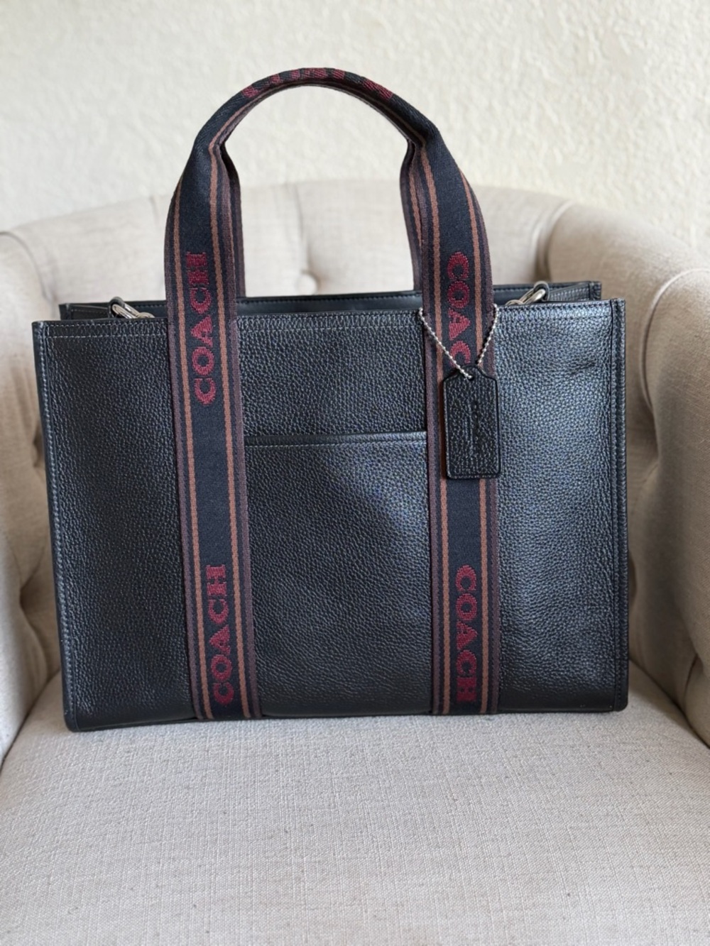 Coach Black Pebbled Leather Brief Tote with Brown and Red Branded Straps